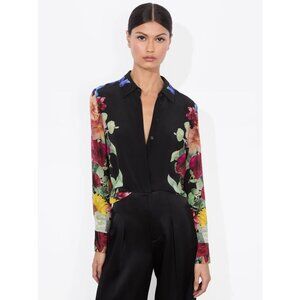 Alice + Olivia Brady Garden Brunch Black Silk Blouse XS NWT $375